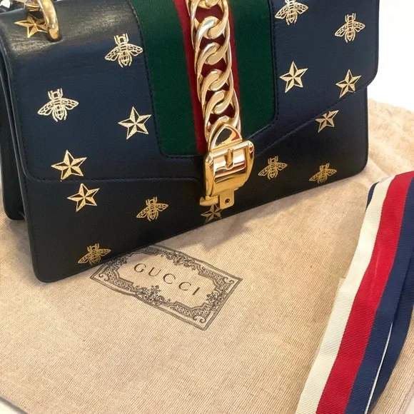 Gucci Sylvie Bee Star Medium Black Leather Extra Ribbon Strap Mint condition - Picture 2 of 14